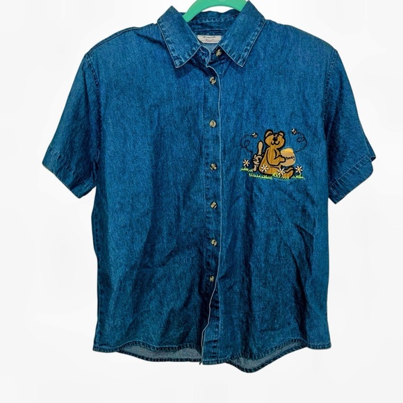 Vintage 90s y2k denim button shirt bear honey bees shoulder pads S new nwt - Picture 1 of 6